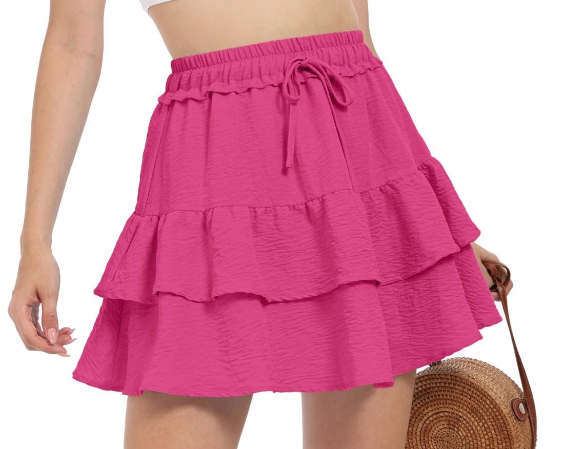 PrinStory Minirock Damen Hochtaillierter Rüsche Rock A-Linie Minirock Mit Kordelzug