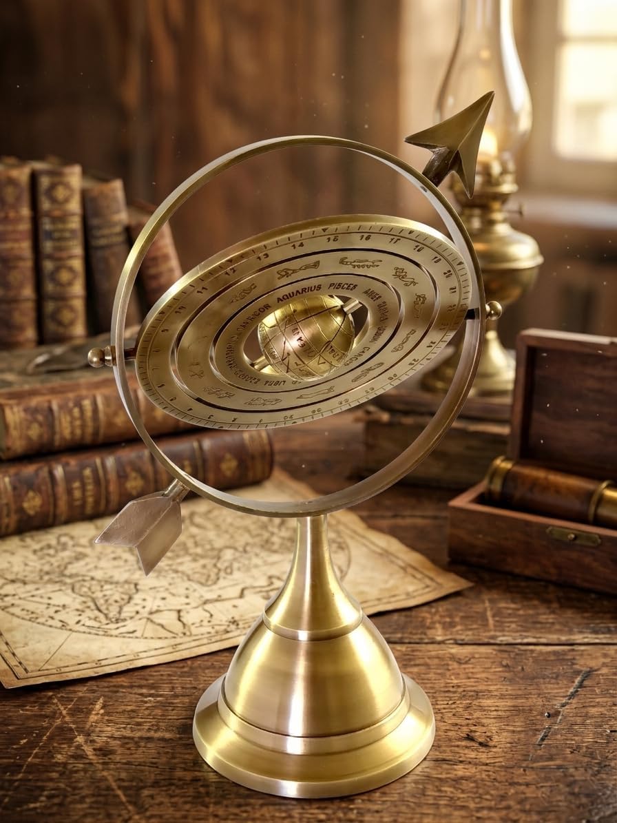 Decorative Brass Zodiac Armillary Sphere, Desktop Globe with Arrow Design, Antique Style Home Decor