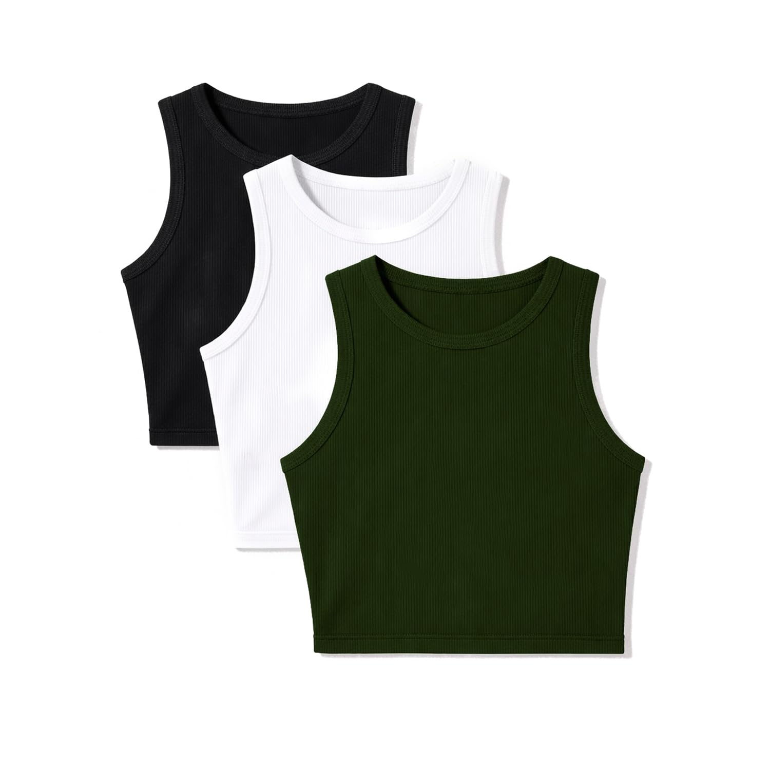 Women's Ribbed Crop Top Combo (White+Olive+Black)-image-11