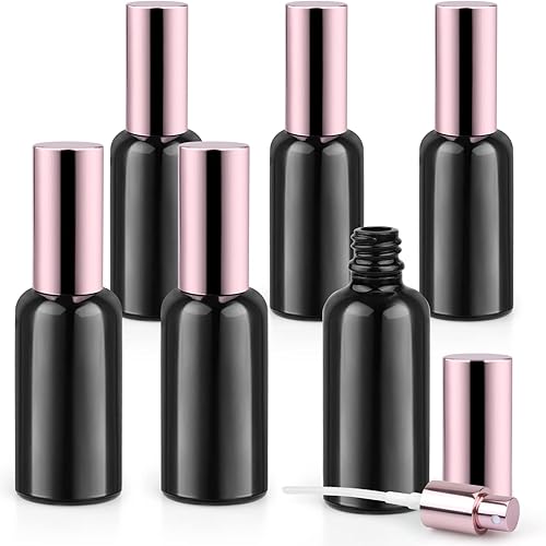 Paquete de 6 botellas de vidrio negro de 1.7 fl oz1.7 onzas, botella vacía de niebla fina, atomizador de perfume recargable con rociador de oro rosa