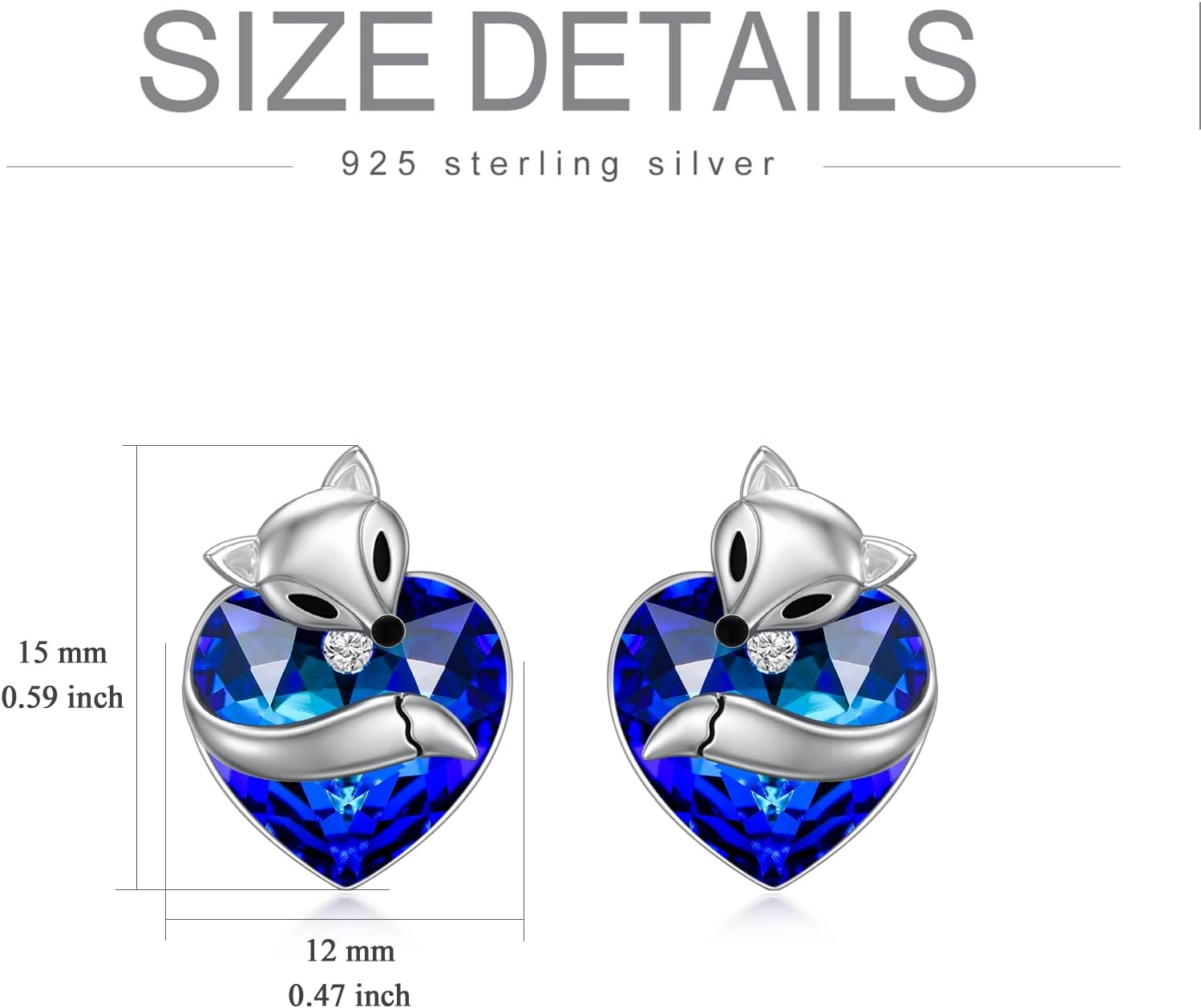 925 Sterling Silver Cute Fox Studs Earrings with Heart Crystal from Austria, Fox Jewelry Gifts for Women