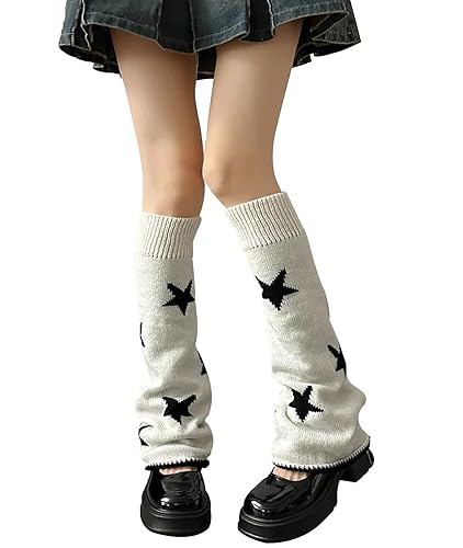 WODECASA Girls Kawaii Leg Warmers Knitted Flared Leg Sleeves Goth Crochet Baggy Cuff Ankle Heap Socks - White Star - One Size