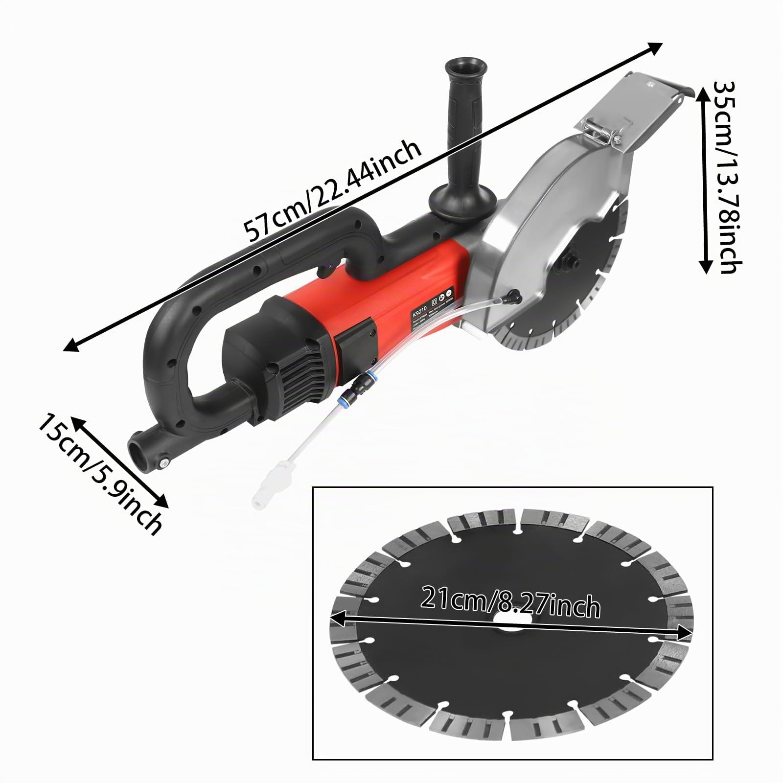 Scie à béton K9210 - Scie à pierre - 5200 W - 7000 tr/min - Lame de 21 cm - Profondeur de coupe : 68 mm - Coupe à sec et humide - Réglable de 0 à 180 ° - Pour béton, pierre, carrelage