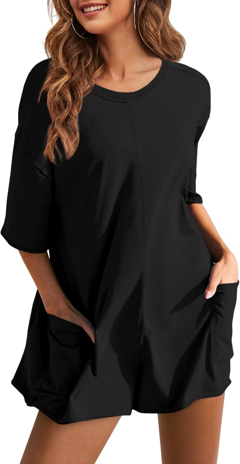 Lianlive Summer Romper for Women Oversized Short Sleeve Athletic T-Shirt Tee Rompers Casual Reversible Workout Overalls