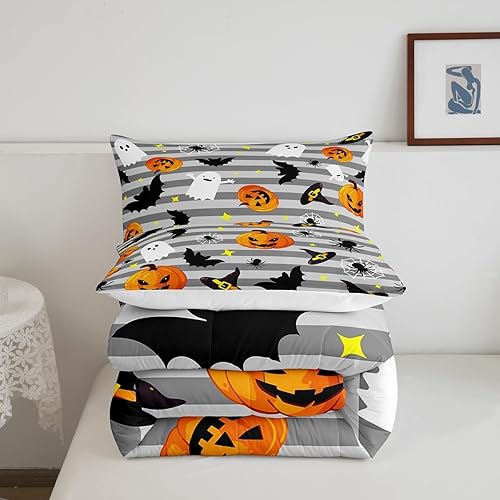Miniatura 5 de Manfei Juego de edredón de Halloween, tamaño matrimonial, fantasmas, calabaza, farol, murciélagos, araña, juego de ropa de cama de 3 piezas para