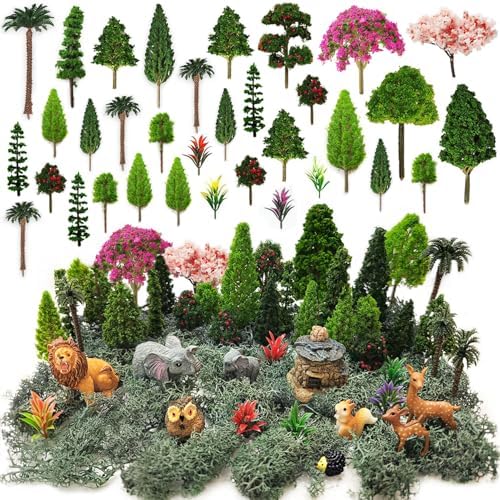 OrgMemory 45 Pcs Animal Tree, Moss, Forest Animals Figures, Plastic Trees for Projects, Model Train Scenery with No Bases, Miniature Trees Diorama Hobby Train Scenery