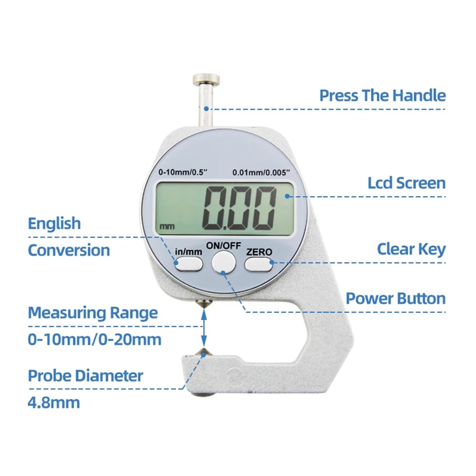 Misuratore di Spessore con Display Digitale Micrometro elettronico in Lega di Zinco Strumenti di misurazione dello Spessore della Parete Imperiale metrico 0-10 / 20mm(0-10mm B Thickness)