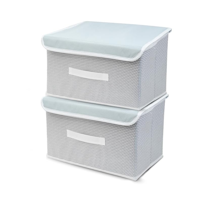 Non-Woven Large Size Storage Box Wardrobe Closet Organizer Foldable Stackable Basket/Bins With Lid And Handle (Grey, Pack of 2)