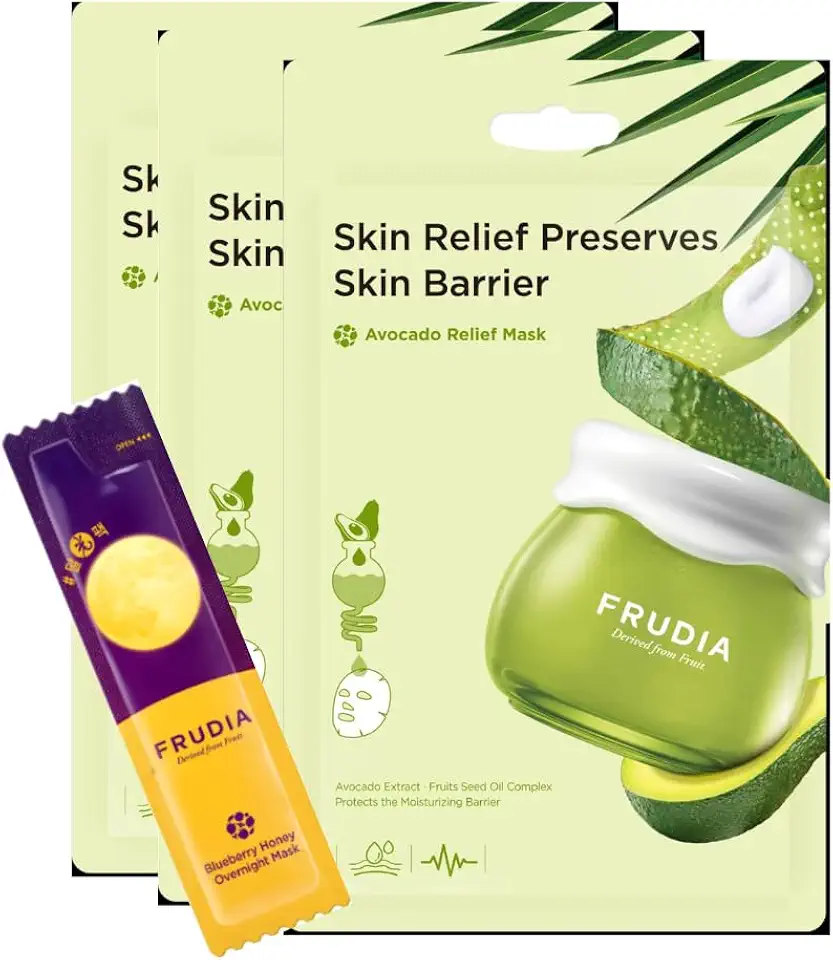 Kit 3 Máscaras Faciais Coreanas Frudia altamente nutritiva com 76% extratos de abacate e pantenol que acalmam instantaneamente a pele seca, sensível, cansada e estressada, em tecido vegetal. Leve junto uma Máscara Frudia Noturna em creme Mirtilo e Mel