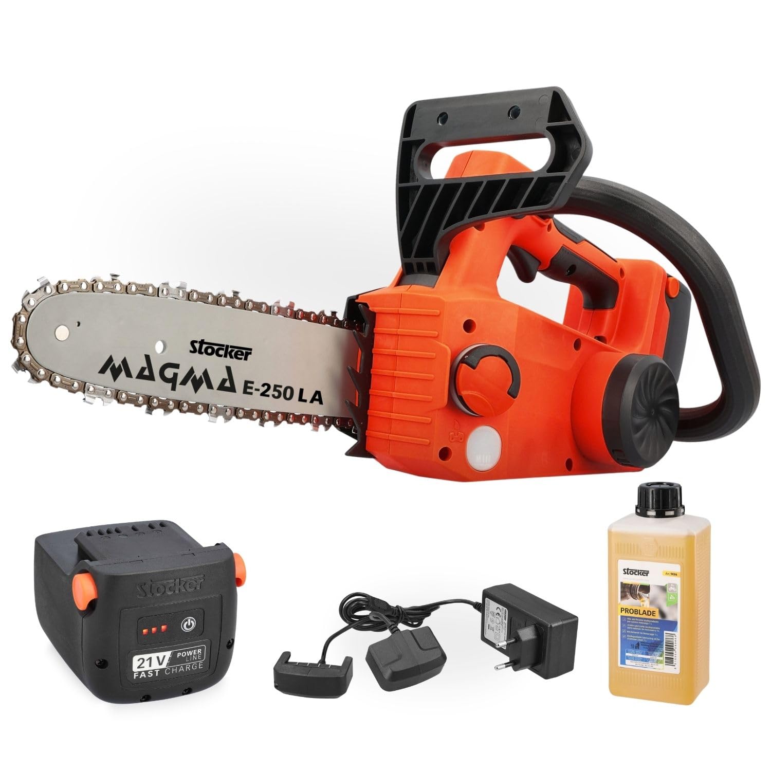 STOCKER - Kit Potatura Professionale Motosega Magma E-250 LA 21V con Batteria Fast Charge 2,6Ah, Caricabatterie Doppio 21V e Olio – Sistema Completo per Potatura e Cura del Verde