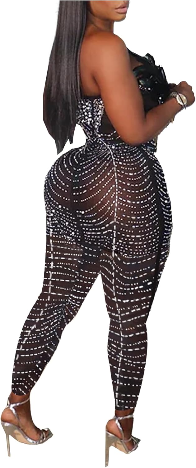PORRCEY Sexy Jumpsuit for Women Sparkly Rhinestone Mesh See Through Hot Drilling Process Bodycon Party Club Night Romper - Image 2