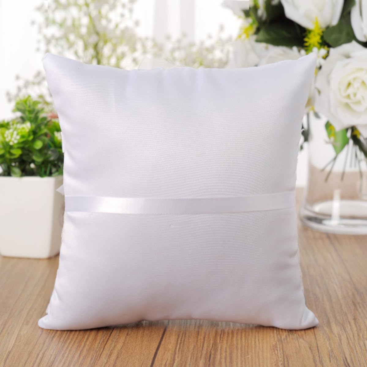 White Fabric Wedding Ring Bearer Pillow Cushion 20x20cm Lace Decor