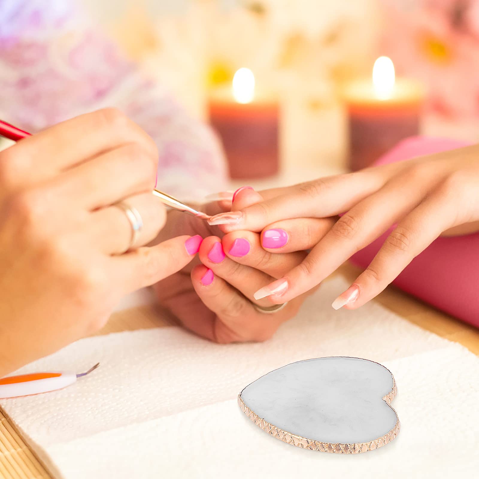 Paleta de arte de uñas de resina con borde dorado, soporte de uñas en forma de corazón, base de maquillaje, herramientas de mezcla, tablero de exhibición, gel de uñas, paleta de mezcla de 4