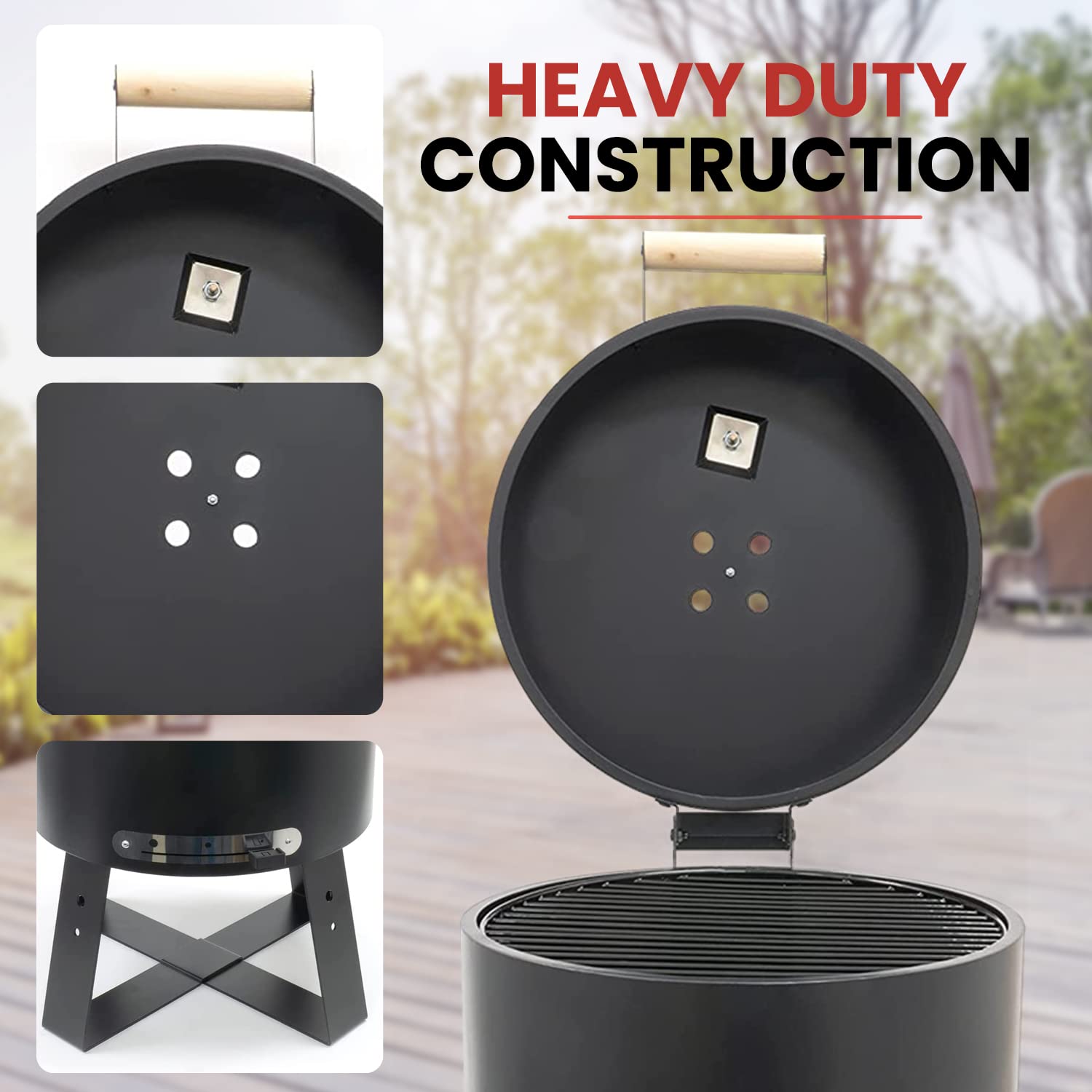 Grill na węgiel drzewny z pokrywką – czarna stal – grill Kamado – grill kempingowy na zewnątrz – 40 x 40 x 57 cm