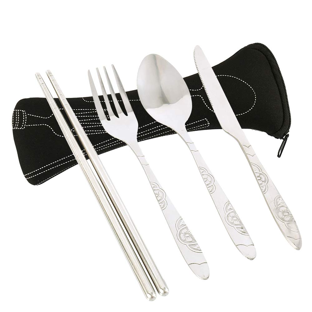 8pcs Travel Cutlery Set Stainless Steel Silver Flatware Knife Fork Spoon Chopsticks Portable Camping Picnic Set with Case Black Service for 2