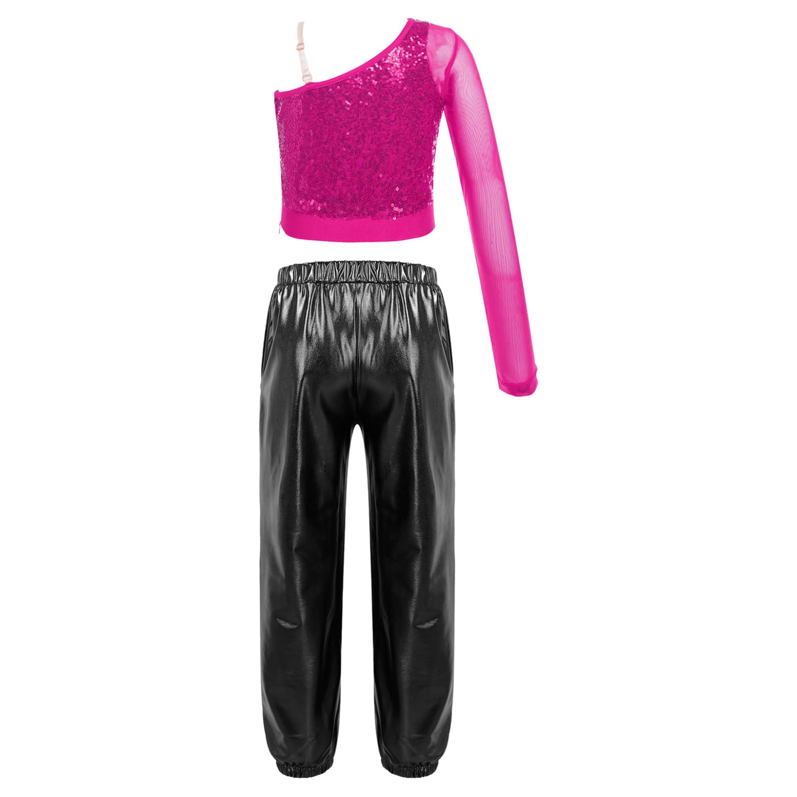 JanJean Kids Girls 2Pcs Dance Tracksuit Shiny Metallic Crop Top with Athletic Sweatpants Jazz Hip Hop Jazz Dance Costume Hot Pink&Black B 12 Years