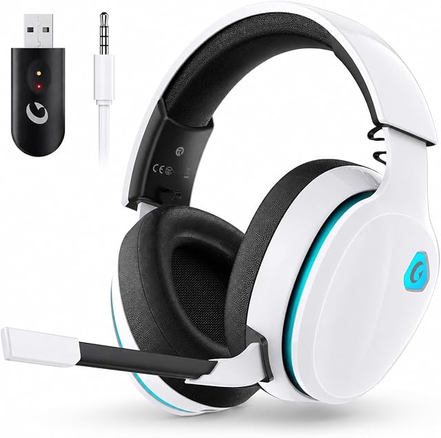 AOC Casque de jeu sans fil 2.4GHz pour PS5, PS4 Fortnite & Appel des joueurs du devoir/du SFP, PC, Commutateur, Bluetooth 6.0 Écouteurs de jeu avec Mic annulant le bruit, 7.1 Surround virtuel, 45Hr Batterie -Blanc