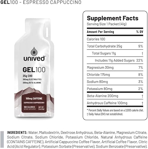 Miniatura 6 de Unived Gel 100 - Gel energético vegano para atletas de resistencia y ciclistas - 100 kcal - Espresso Cappuccino - 100 mg de cafeína - Paquete de 6