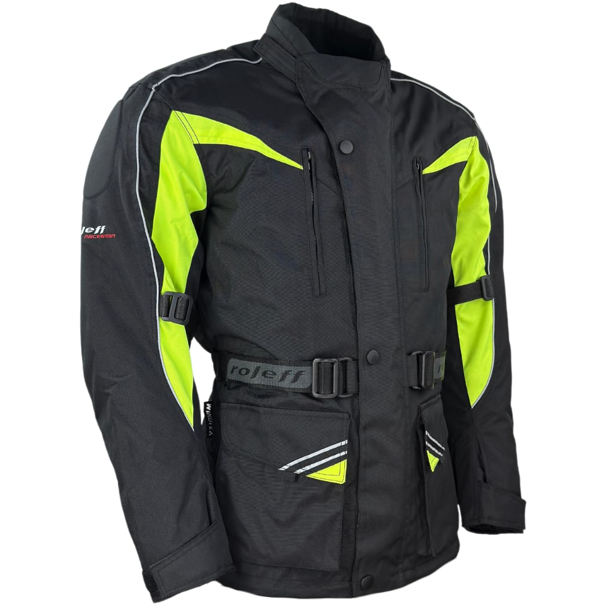 Roleff GIACCA MOTO RO10005 - NERO GIALLO NEON - IMPERMEABILE TRASPIRANTE PROTEZIONI DI SICUREZZA - TAGLIA S - 7XL - IDEALE PER TOURING E USO QUESTO, Nero/giallo fluo, 6XL