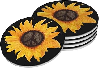 Peace Sunflower Flower Coasters Set of 4, Absorbent Ceramic Drink Coasters Cup Mat for Coffee Bar Mug Table Protection Kitchen Home Decor