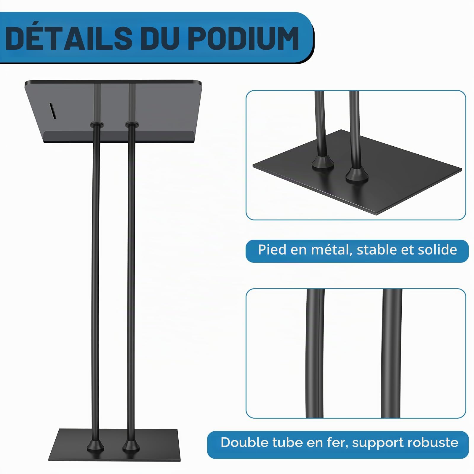 Afitdon Podium en acrylique avec fond stable et fente pour stylo, noir avec plate-forme de lecture en acrylique épais de 10 mm d'épaisseur, support de podium pour église, conférence, mariage, salle de