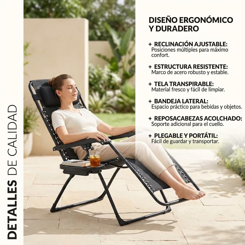 Weida Home Tumbona Plegable para Exterior | Reposapiés y Cojín Ajustable | Silla Reclinable Bandeja Lateral para Bebidas, Móvil y Libros | para Terraza, Camping, Playa, Piscina (Gris) — view 5