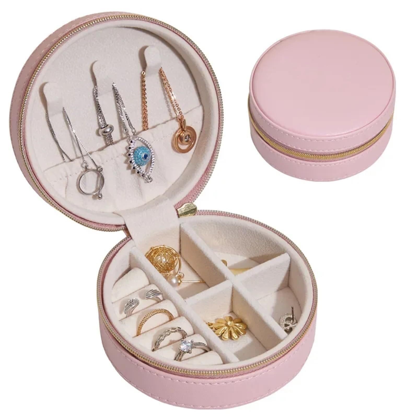 ZHAOQIN Jewellery Box Travel Simple Portable Round Jewelry Box Earring Mini Storage(Pink)