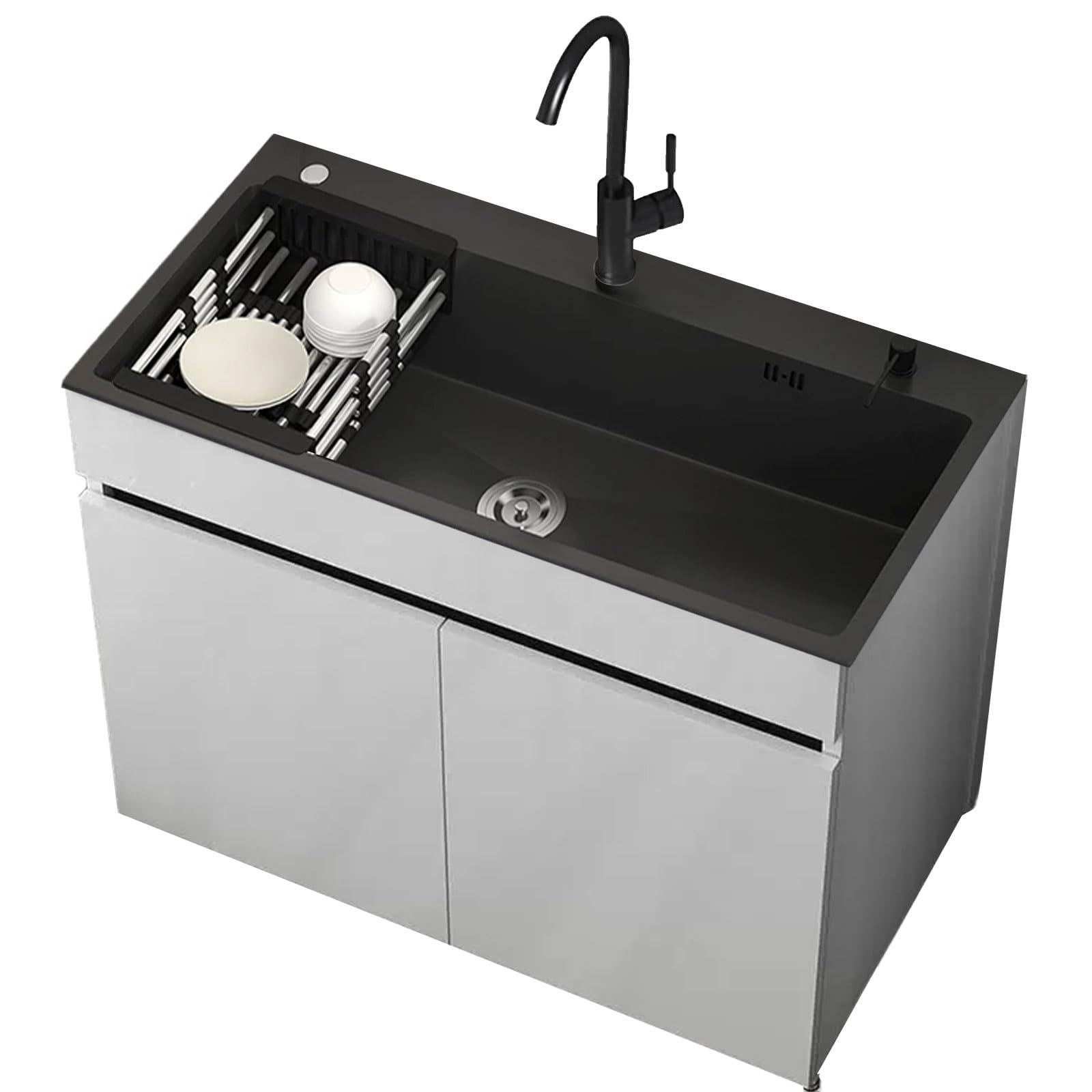 Fregadero de Acero Inoxidable con Grifo Extensible, Fregadero de Cocina Comercial con Armario de Almacenamiento y Cesta de Desagüe para Garaje, Restaurante, Lavandería, 68 CM/80 CM