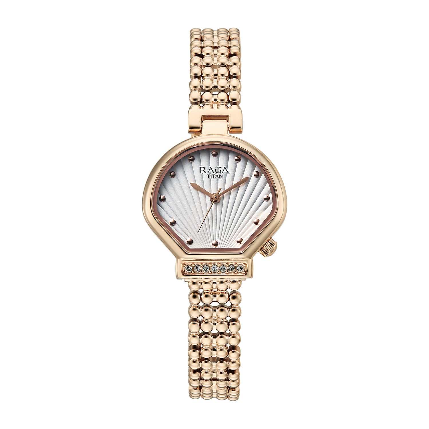 Titan Raga Spotlight with Quartz Analog White Dial Rose Gold Brass Strap Watch for Women - 95432WM01-image-14