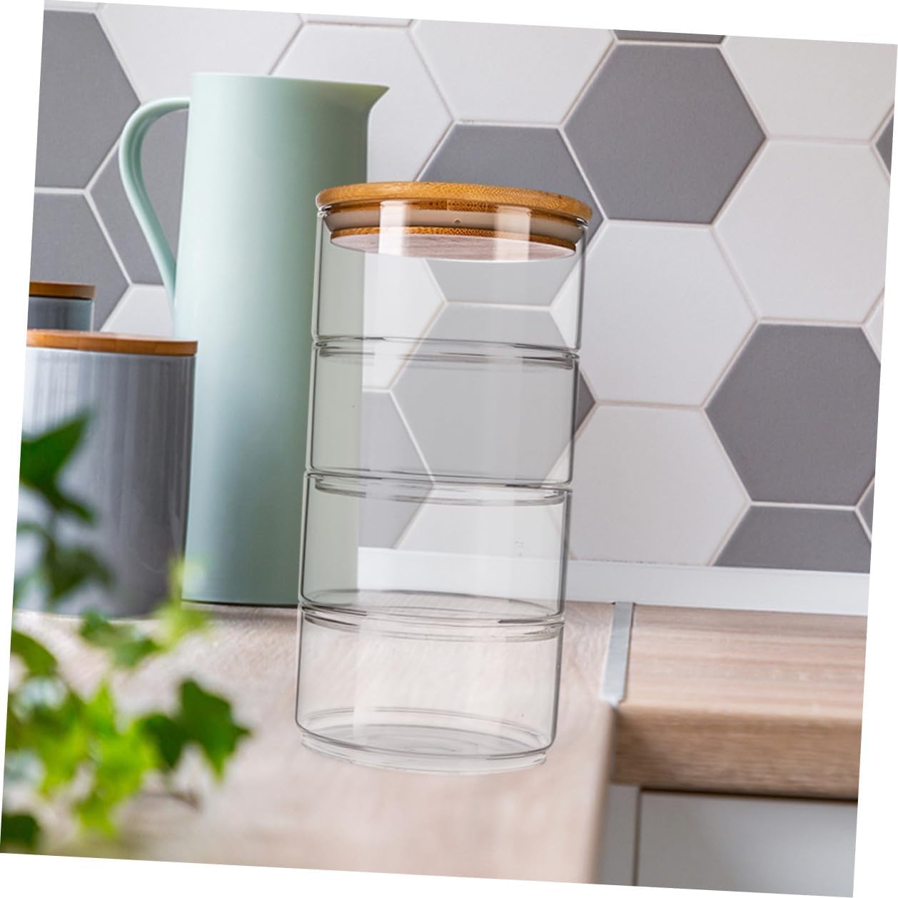 Hemoton 4pcs Fresh Bowl Candy Stackable Glass Canister Food Storage Jar Condiment Jar Glass Flour Tea Container Drain Coffee s Clear Bowl Bamboo Cover Cereals Round Tray
