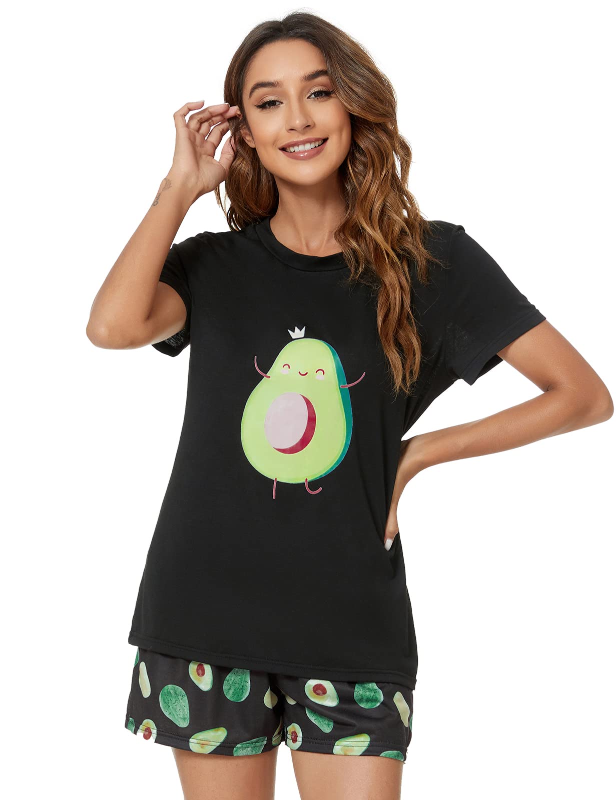 Yuson Girl Pijama Corto de Dos Piezas para Mujer, Conjunto de Pijama de Verano, Pijama Cómodo con Estampado de Plátano y Gato Aguacate