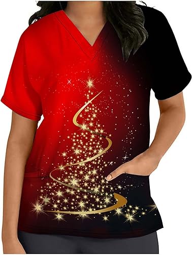 Vista 3 de Womens Christmas Tree Scrubs Tops Holiday Printed Christmas Fun Tshirt Uniform Tops V Neck Short Sleeve Nursing Tops