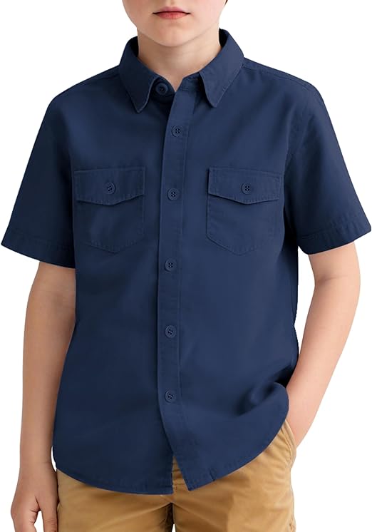 Boys Short Sleeve Button Down Dress Shirts School Uniform Oxford Shirt Size 7-14 Years