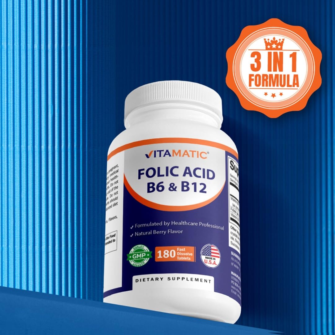 Amazon.com: Vitamatic Folic Acid, Vitamin B12 & B6 – 180 Fast Dissolve  Tablets Heart Health, Energy Production & Red Blood Cell Support :  Everything Else