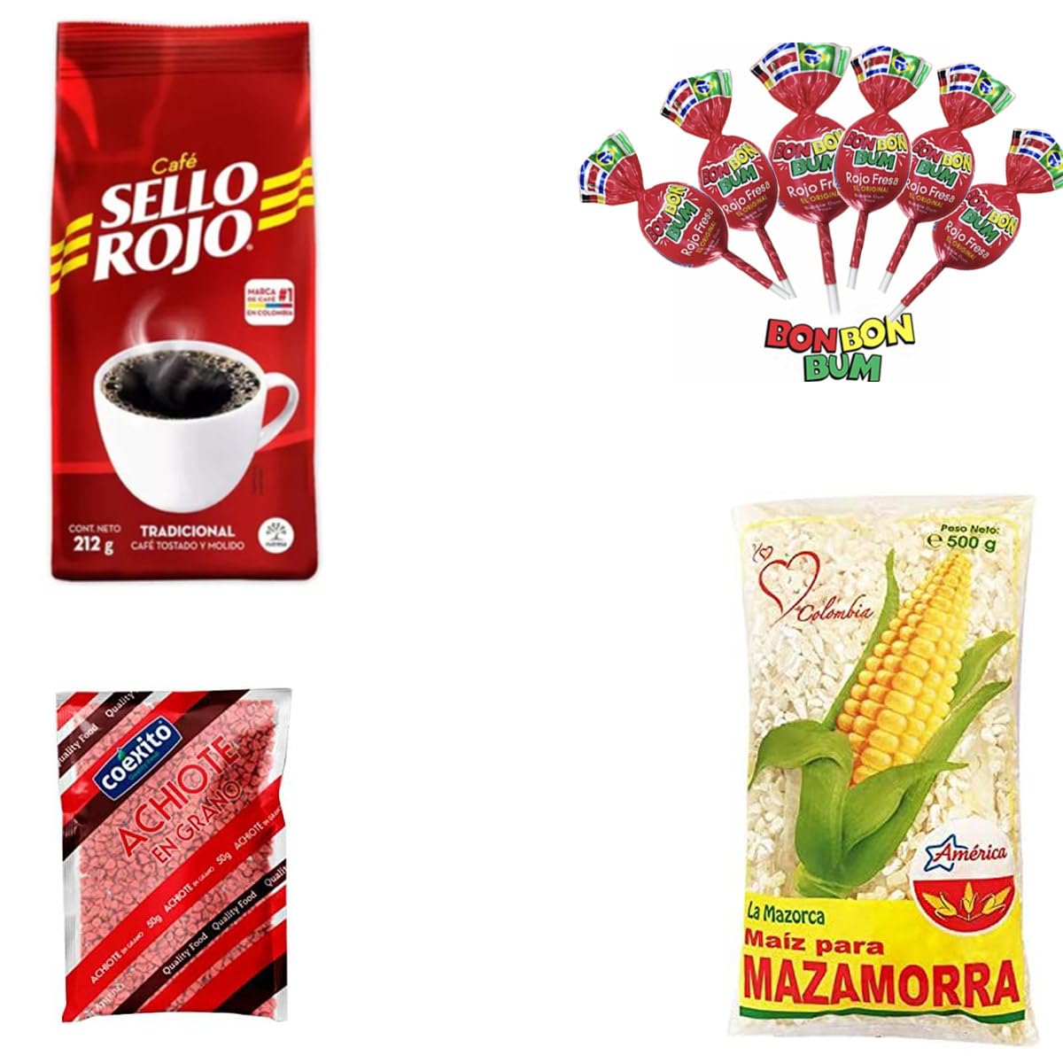 Set Degustación PREMIUM de Comida y Bebidas Colombianas | Productos y Alimentos de Colombia | Café Sello Rojo, 6 Chupetas BonBonBum sabores Surtidos, Maiz de Mazamorra y Achiote en grano de 50 gr.