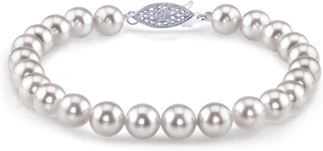 The Pearl Source14K Gold 6.5-7mm AAA Quality Round White Japanese Akoya Saltwater Cultured Pearl Bracelet for Women