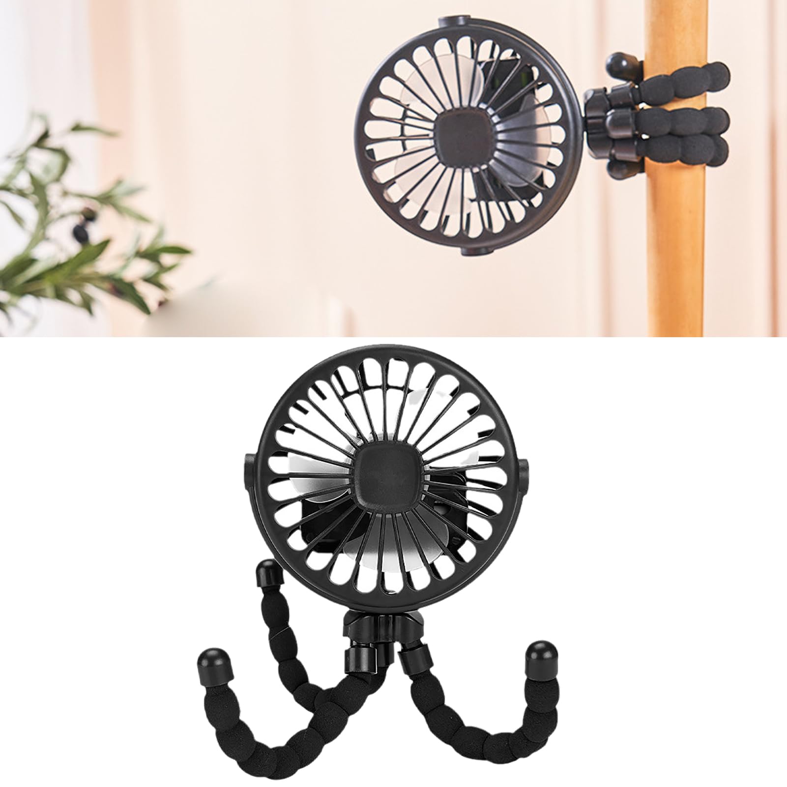 Garosa Mini Portable Stroller Fan Battery Operated USB Rechargeable 3 Speed Silent Cooling Fan for Baby Travel Outdoor (Black)
