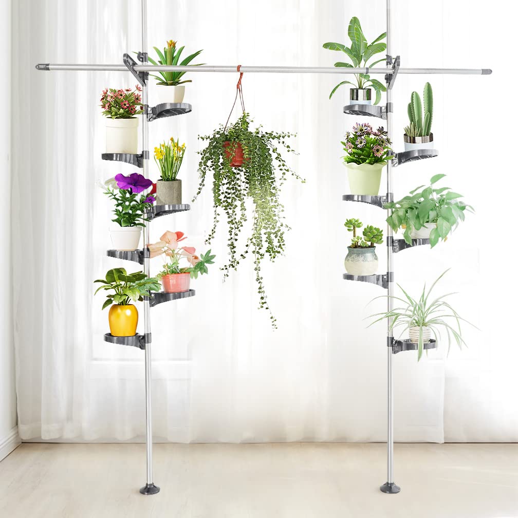 Hershii Teleskop Blumenregal Blumenständer Ecke Pflanzenregale mit 12 Blumentopfhalter und 2 Aufhänger 1 Hängestange für Blumenkörbe und Innenbalkon Garten Höhenverstellbarer 230~290cm Metall Grau