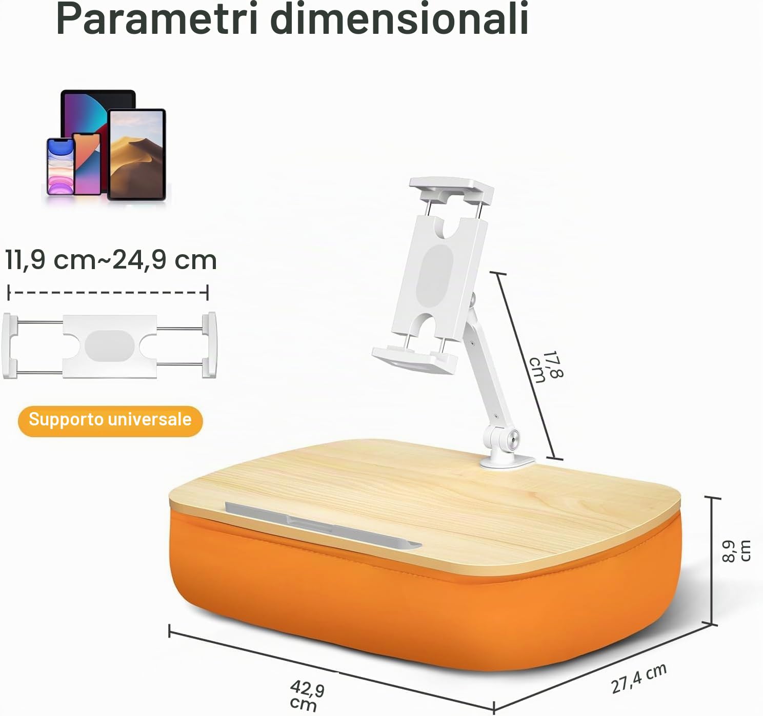 Supporto Cuscino Tablet, Porta Tablet con braccio regolabile, compatibile con iPad, Kindle, Cellulare (4,7-13"), scrivania per la lettura a mani libere a letto, sul divano (Arancione)