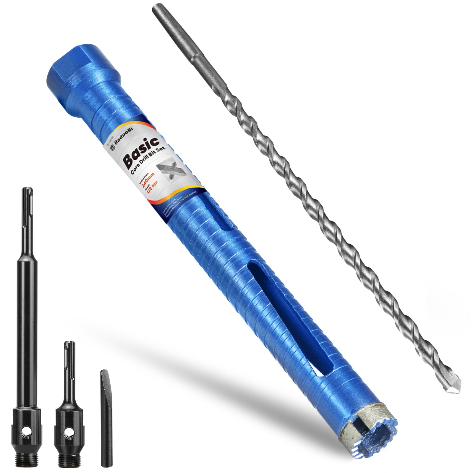 DaduoRi 28mm x 240mm Long Core Drill Bit Set with 240mm,110mm SDS Plus Adaptor & Centre Pilot Bit,Diamond Core Drill Set for Brick Block Masonry Stone,1/2 BSP Thread