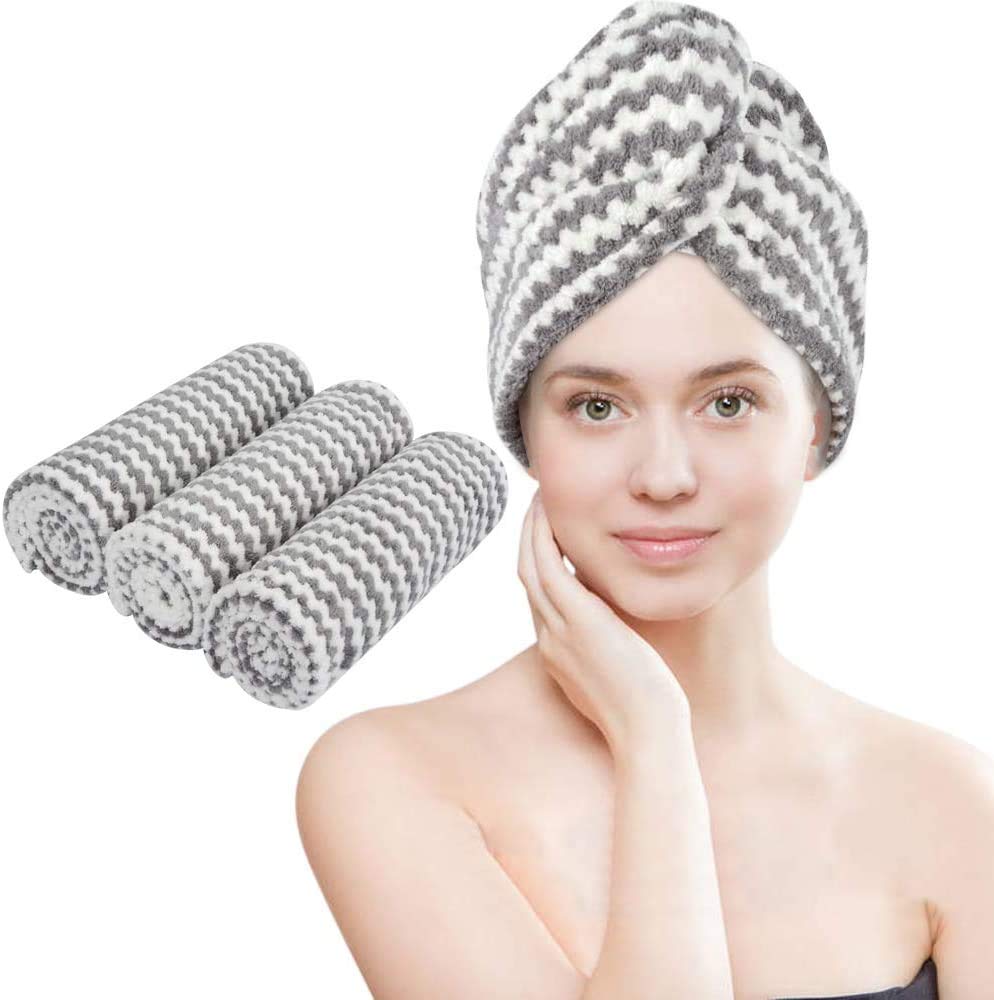 AMERTEER Hair Towel Wrap, 3 Pack Microfiber Hair Drying Towel Shower Turban Super Absorbent with Button Microfibre Hair Towel Magic Quick Dry Hair Hat for Women-Grey