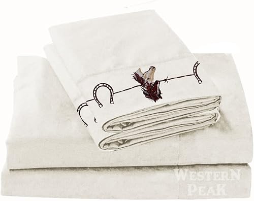 Miniatura 3 de Juego de sábanas de poliéster occidental, 4 piezas, funda de almohada bordada de caballo (verde azulado, Queen)