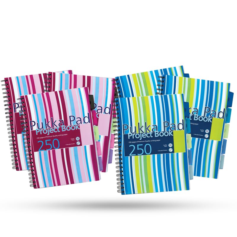 DLM Direct Pukka Pad Projektbuch, verschiedene Farben, Polypropylen-Streifen, Einband, Projekt-Notizbuch, 250 perforierte Seiten & 5 Trennblätter, Notizblock, Spiralbindung, A4-Notizbücher für Schule