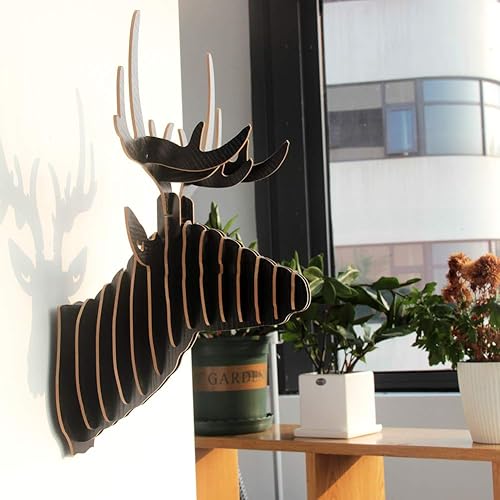 Miniatura 7 de Hooshing Decoración de pared de cabeza de ciervo DIY rompecabezas de madera 3D trofeo amarillo escultura decoración de pared para sala de estar