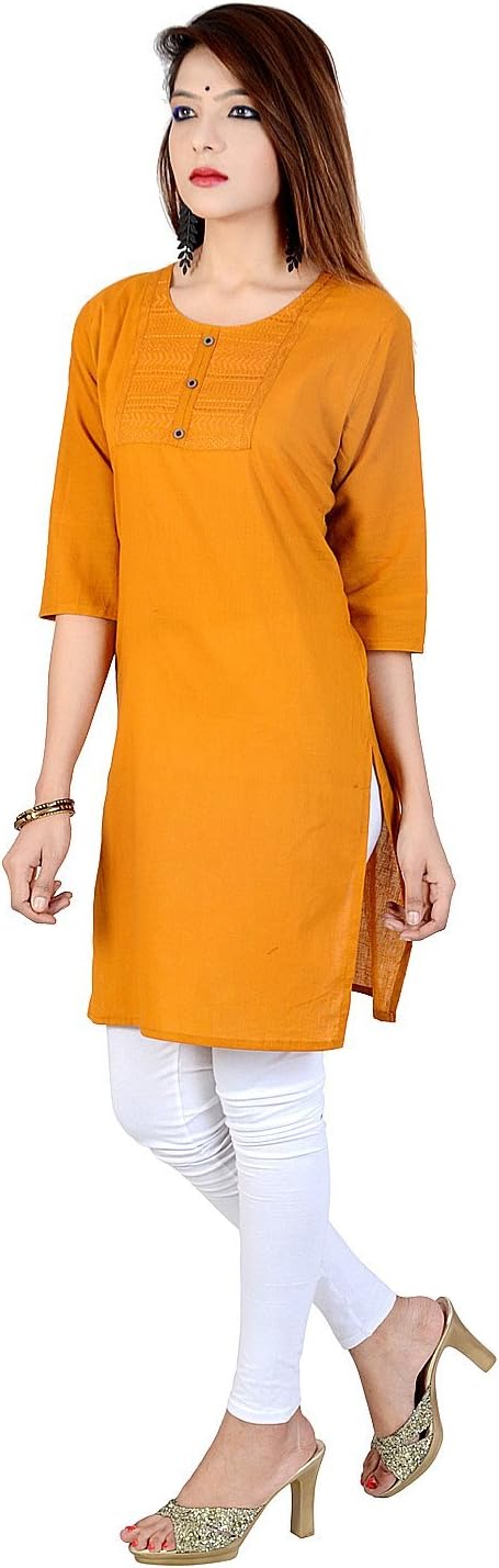 Chichi Indian Women's Plain Cotton Straight Yellow Kurti Top (3/4 Sleeve). - Image 2