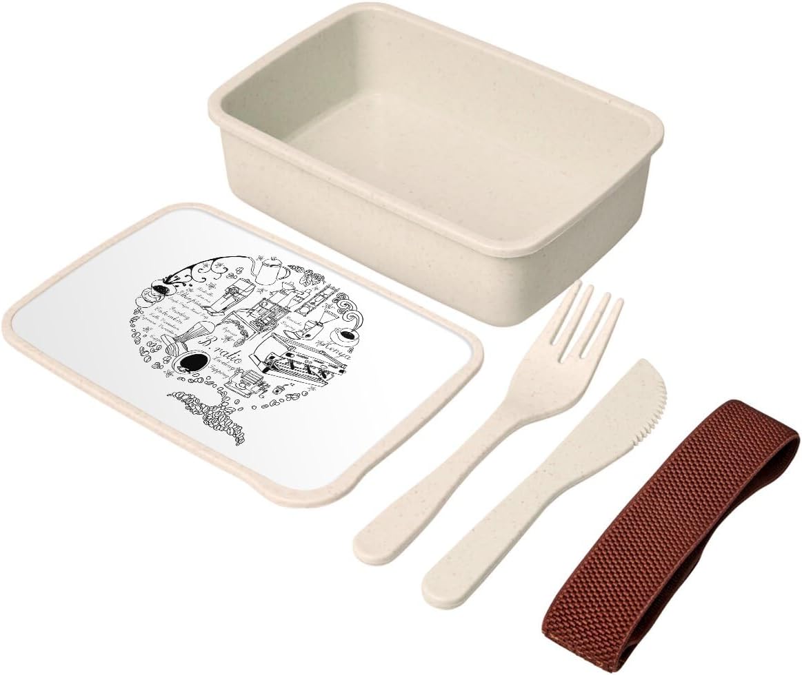 Lunch Box with Cutlery Cafe Coffee Drawing Art Work Cafe du Monde Espresso 700 ml
