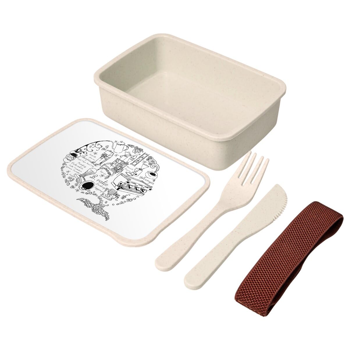 FabulousLunch Box with Cutlery Cafe Coffee Drawing Art Work Cafe du Monde Espresso 700 ml