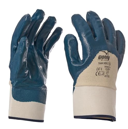 Guanti da lavoro blu/bianco NBR spalmati nitrile con manichetta e dorso areato, resistenti all'abrasione, oli, idrocarburi e agenti chimici con polsino di sicurezza, benzinai, tg. 9/10/11 (10)