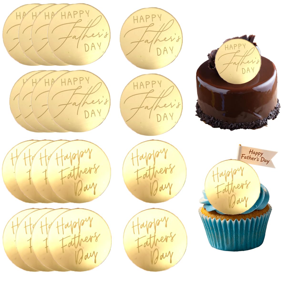 Photo 1 of 20Pcs Happy Father's Day Cake Toppers Cupcake Toppers Acrylic Mirror Disc Round Design for Father's Day Dad Birthday Party Dessert Decorating