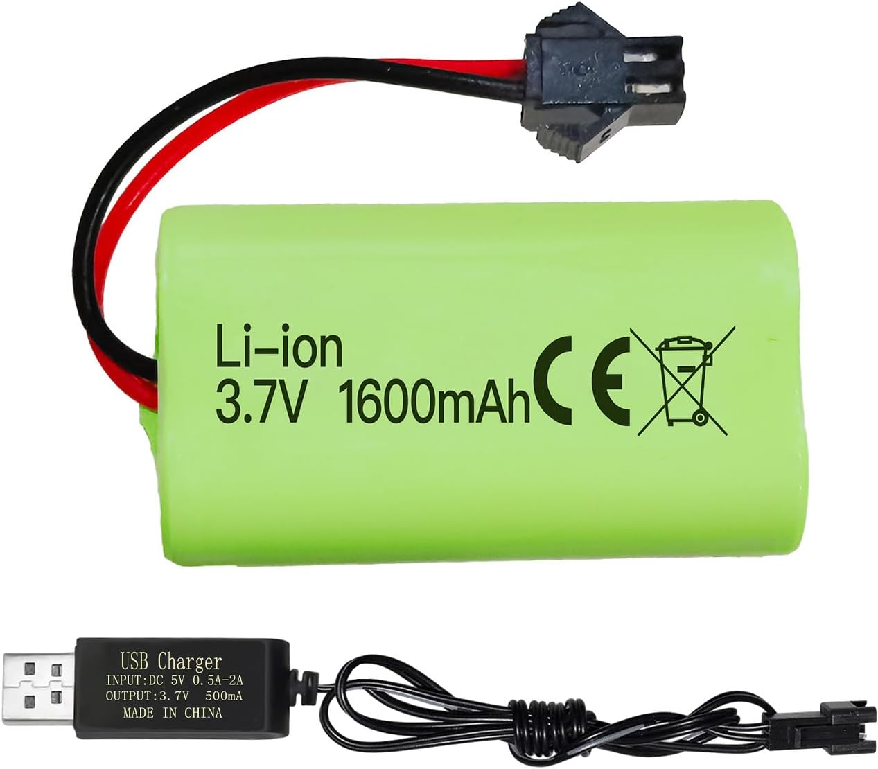 sea jump 3.7V 1600mAh Li-ion Battery with SM-2P Plug and USB Charging Cable Suitable for 9962 8837 RC Toy Car Battery RC Car, Engineering Vehicle, Truck